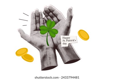 Textured Clover leaf in halftone paper hands. Torn out elements in trendy y2k collage style. 00s retro aesthetic. Saint Patrick halftone concept. Vector illustration