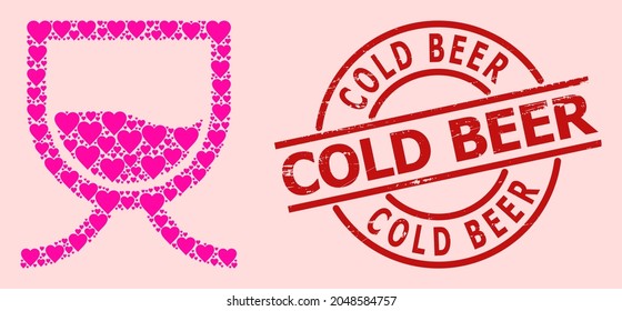 Textured Cold Beer badge, and pink love heart collage for water tank. Red round badge has Cold Beer text inside circle. Water tank collage is done from pink dating symbols.