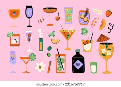 Textured Collection with Drinks, beverages and cocktails. Hand Drawn Retro Illustration