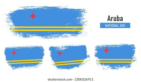 Textured collection national flag of Aruba on painted brush stroke effect with white background