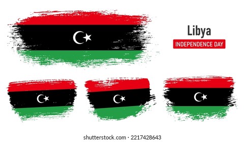 Colección texturizada bandera nacional de Libia sobre efecto de pincel pintado con fondo blanco