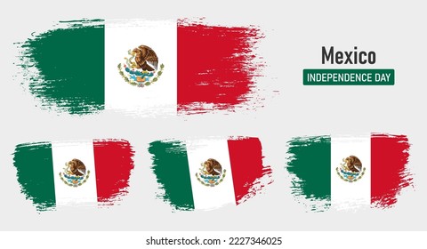 Textured collection national flag of Mexico on painted brush stroke effect with white background