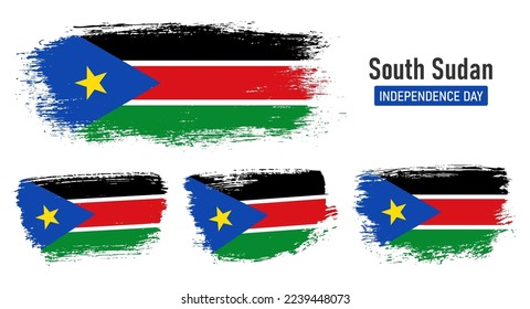 Textured collection national flag of South Sudan on painted brush stroke effect with white background