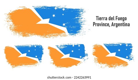 Textured collection national flag of Tierra del Fuego Province, Argentina on painted brush stroke effect with white background