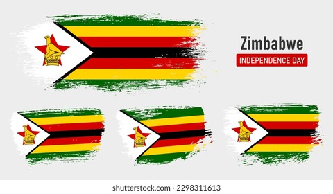 Textured collection national flag of Zimbabwe on painted brush stroke effect with white background