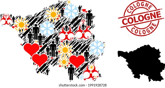 Textured Cologne stamp seal, and frost customers Covid-2019 treatment mosaic map of Saarland State. Red round stamp includes Cologne title inside circle.