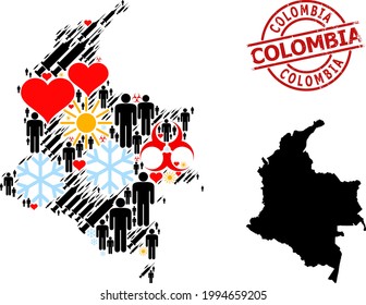 Textured Colombia badge, and frost demographics infection treatment collage map of Colombia. Red round badge contains Colombia tag inside circle. Map of Colombia collage is designed of frost, sunny,