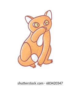 Textured color vector isolated illustration of cute emotional ginger kitten. The face of a cat expresses disgust. Pussycat is closed a paw a nose. Drawn lines and painted a picture of the pet
