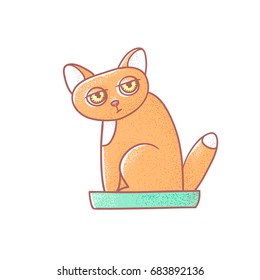 Textured color vector isolated illustration of cute emotional ginger kitten. The face of a cat expresses fatigue. Pussycat is defecate in the litter box. Drawn lines and painted a picture of the pet