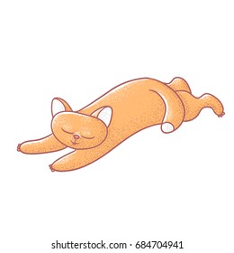 Textured color vector isolated illustration of cute emotional ginger kitten. Face of cat expresses fun. Pussycat is lies stretched out and outstretched paws. Drawn lines and painted picture of the pet