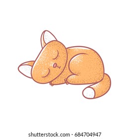 Textured color vector isolated illustration of cute emotional ginger kitten. The face of a cat expresses calm. Pussycat is sleeping curled up. Drawn lines and painted a picture of the pet