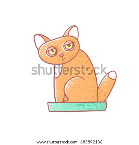 Textured color vector isolated illustration of cute emotional ginger kitten. The face of a cat expresses fatigue. Pussycat is defecate in the litter box. Drawn lines and painted a picture of the pet
