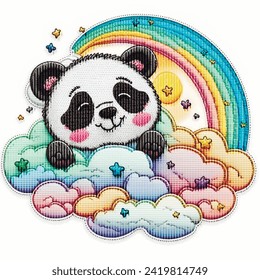 Textured colorful 3d cartoon cute panda pattern on the clouds with rainbow and stars. Tapestry vector dream background illustration with sweet panda, Embroidered grunge surface stitching texture.