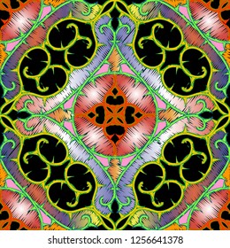 Textured colorful floral tapestry vector seamless pattern. Ornamental ethnic style tribal grunge background. Abstract prickly thorns, lines, curves. Hand drawn embroidered ornament. Mandala design