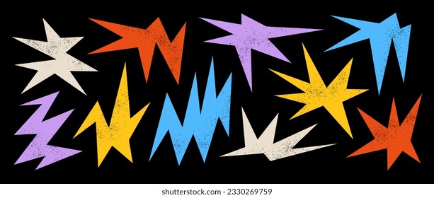 Formas irregulares coloreadas texturizadas sobre fondo oscuro. Resumen de la colección de elementos geométricos brillantes. Formas angulares asimétricas para carteles, collages, afiches, pegatinas. Vector de paquete de diseño