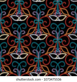 Textured colorful vintage 3d flowers seamless pattern. Vector patterned ornamental background. 3d twisted braids surface texture. Hand drawn grunge floral ornament. Ornate design for fabric, wallpaper