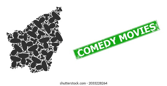 Textured Comedy Movies stamp seal, and San Marino map mosaic of person profile icons. Green rectangle stamp seal includes Comedy Movies title inside rectangle.