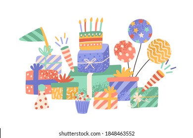 Texturierte Komposition mit Geschenkbox, festlicher Kuchen mit Kerzen und hellen Feriendekorationen. Geburtstagskarte mit einem Haufen Geschenke. Flache Vektorgrafik, einzelne Illustration