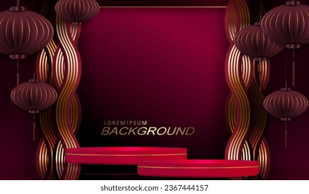 A textured composition in a red hue with a podium and wavy intertwining lines.
