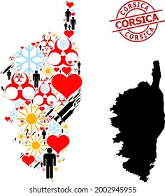 Textured Corsica badge, and sunny men Covid-2019 treatment collage map of Corsica. Red round badge contains Corsica caption inside circle. Map of Corsica collage is done from frost, sunny, love,