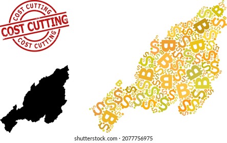 Textured Cost Cutting badge, and currency mosaic map of Nagaland State. Red round badge contains Cost Cutting caption inside circle. Map of Nagaland State mosaic is done with financial, funding,