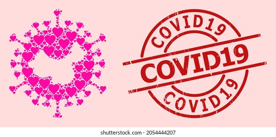 Textured Covid19 stamp seal, and pink love heart mosaic for Chinese covid virus. Red round stamp seal includes Covid19 text inside circle. Chinese covid virus collage is made from pink amour items.