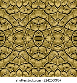 Patrón sin costuras de oro en 3d rajado texturado. Borde superficial embosado. Fondo de repetición de caída dañado sucio. Ornamentos modernos de alivio de grano. Una textura gruesa sin motivos. Diseño ordenado.