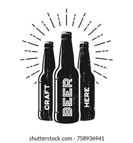 Textured craft beer pub, brewery, bar logo design with bottle silhouettes and sunrburst. Vector label, emblem, typography.