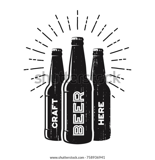 Textured
craft beer pub, brewery, bar logo design with bottle silhouettes
and sunrburst. Vector label, emblem,
typography.