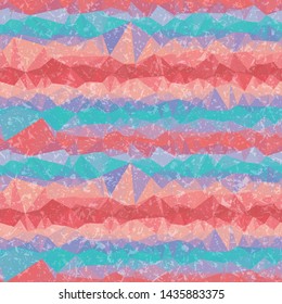 Textured Crystalized Horizontal Gradient Stripe Seamless Repeat Vector Pattern.  Individual solid triangles that make a gradient when viewed together. Generative art.  Coral pink and blue.