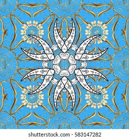 Textured curls. Oriental style arabesques golden pattern on a blue background with golden elements. Vector golden pattern.