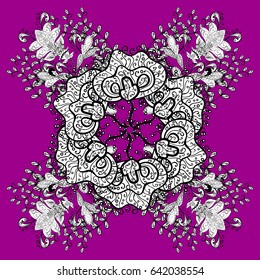 Textured curls. Vector winter pattern. White pattern on magenta and pink background with doodles. Oriental style arabesques.