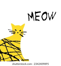 Textured cute cat illustration yellow and black color  with text Meow isolated on white