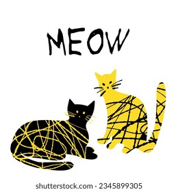 Textured cute cats illustration yellow and black color with text Meow isolated on white