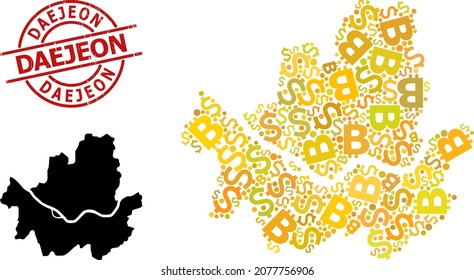 Textured Daejeon stamp seal, and currency collage map of Seoul Municipality. Red round stamp seal contains Daejeon tag inside circle. Map of Seoul Municipality mosaic is constructed from currency,