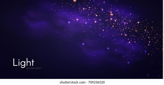 Textured Dark Background. Magic Fog and Gold Flashes. Shining Stars and Clouds. Night Club Space. Night Sky. Vector illustration