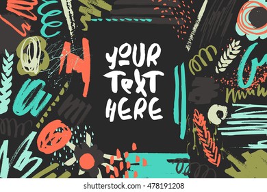 Textured decorative presentation card. Handdrawn textures, colorful shapes, lines and splashes on black. Editable template - non cropped elements. Trendy design for poster, invitation, decorations