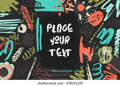 Textured decorative presentation card. Handdrawn textures, colorful shapes, lines and splashes on black. Editable template - non cropped elements. Trendy design for poster, invitation, decorations