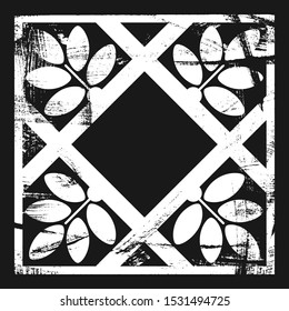 Textured decorative template with floral element. Black and white square backdrop.