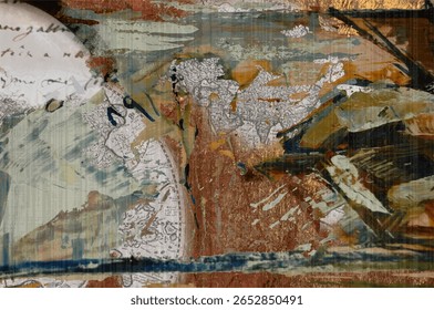 
A textured digital collages featuring a stylized and hand-drawn elements in vintage style, with maps, musical notes, words, 
ornaments and photos.