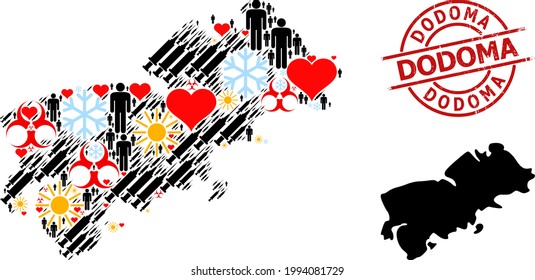 Textured Dodoma stamp, and heart customers Covid-2019 treatment mosaic map of Shikotan Island. Red round stamp includes Dodoma tag inside circle. Map of Shikotan Island mosaic is made with frost,