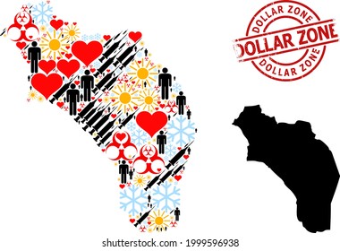 Textured Dollar Zone stamp seal, and spring man inoculation collage map of Argentina - La Rioja. Red round stamp seal includes Dollar Zone tag inside circle.