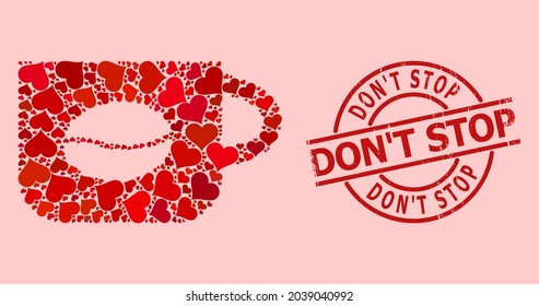Textured Don'T Stop seal, and red love heart mosaic for coffee cup. Red round seal includes Don'T Stop text inside circle. Coffee cup mosaic is designed from red amour elements.