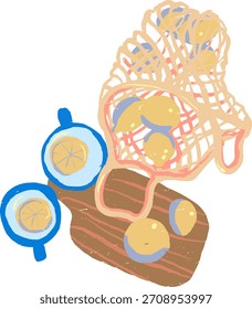 Bolso texturizado de la secuencia de Doodle con los limones y dos tazas