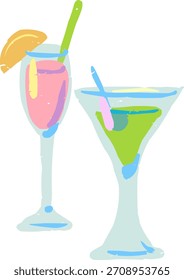 Doodle texturizado dois Martini e Pink Cocktail Drinks