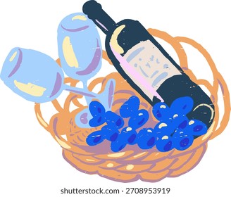 Cesta de mimbre Doodle texturizado Dos vasos de uvas Botella de vino