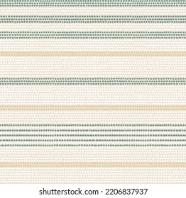 Textured dotted lines in horizontal stripes with green, yellow and off-white ground. Seamless vector modern boho style for home decor, background, rug, wallpaper, home textiles, fabric, bedding.