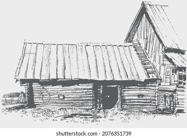 Textured Drawing Old Wooden Village House Stock Vector (Royalty Free ...