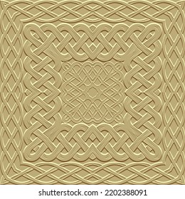 Textured emboss 3d celtic seamless pattern. Square frame, border. Grunge embossed light vector background. Repeat surface tribal ethnic backdrop. Decorative relief braided ornament. Endless 3d texture