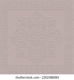 Textured emboss 3d celtic seamless pattern. Square frame, border. Grunge embossed light vector background. Repeat surface tribal ethnic backdrop. Decorative relief ornament. Endless ornate 3d texture.